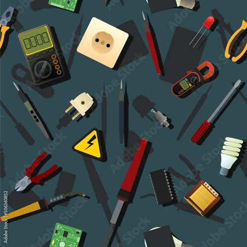 Tools for electrician. Repair of radio electronic and microprocessor equipment. Spare parts components and service. Seamless pattern. Vector
