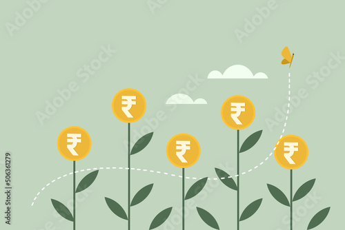 Conceptual illustration of plants flowered with Rupee coins