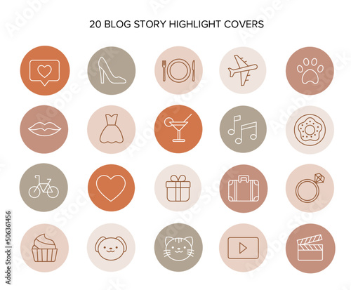 Abstract patterns and stamps in a feminine palette. Icons in a circle on a white background. Line style graphics isolated vector template. Minimalistic and modern large set of highlights Covers. 