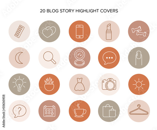 Minimalistic large set of highlights Covers. Abstract patterns  and stamps in a feminine palette. Line style graphics isolated vector template. Icons in a circle on a white background.