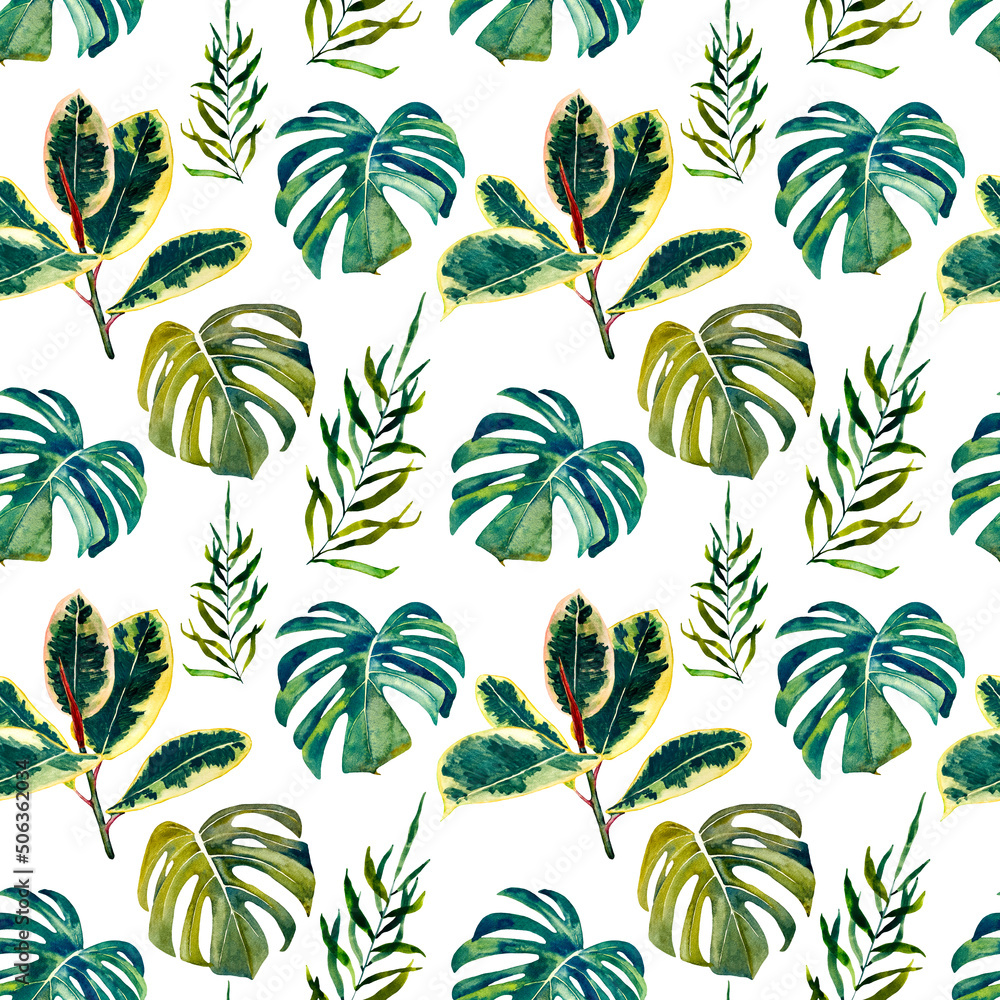 Monstera leaves, palm branches, tropical plants on a white background, and botanical watercolor. Seamless pattern.