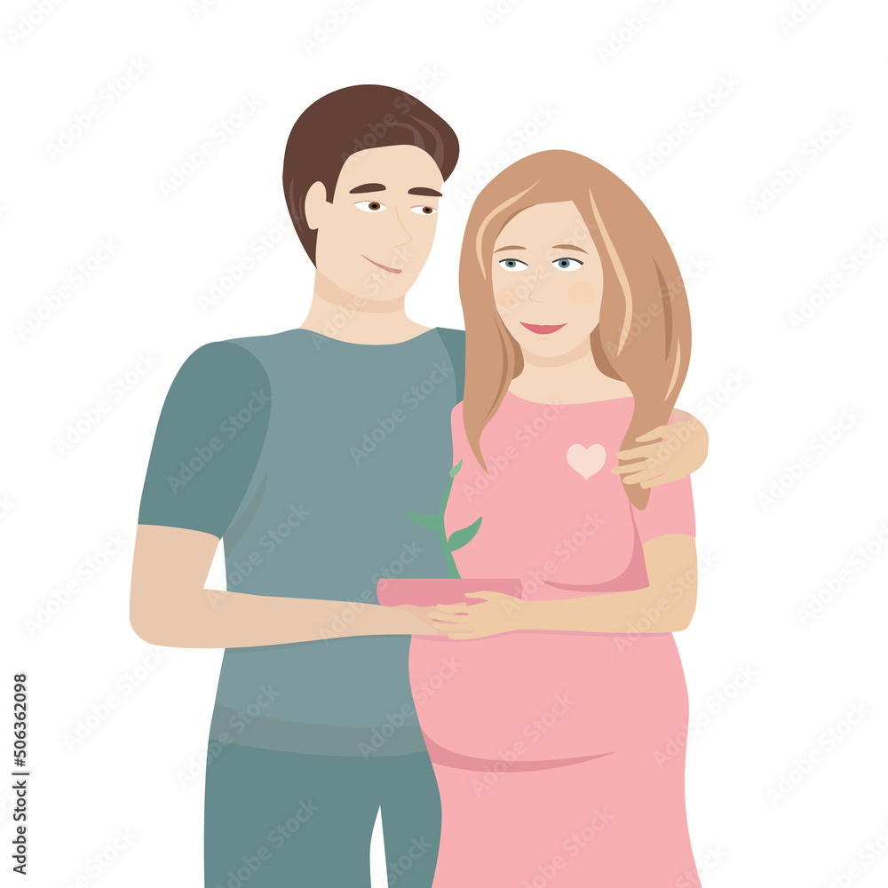 Happy mothers day family love concept. Pregnant woman with man and small green plant in pot. Vector illustration Happy mothers day family love concept. Pregnant woman with man and small green plant in pot. Vector illustration