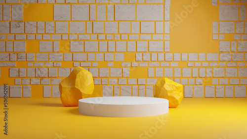 3D rendering of white podium with stone on yellow background. Beautiful minimal scene for products display. Circle white stage with marble wall in studio.