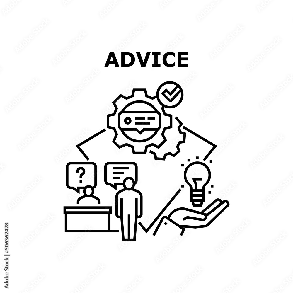 Advice Colleague Vector Icon Concept. Advice Colleague In Office, Manager Supporting Client And Explain Business Strategy. Consultant Working Process And Idea Developing Black Illustration