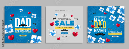 Fathers day sale promotion social media post template with love or heart balloon, gift box, business logo and icon. Fathers day celebration flyer or invitation banner. Marketing web poster background.