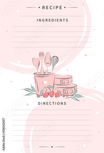 Recipe card template for cooking notes. Clean pages of the cookbook are decorated kitchen tools. Vector illustration.
