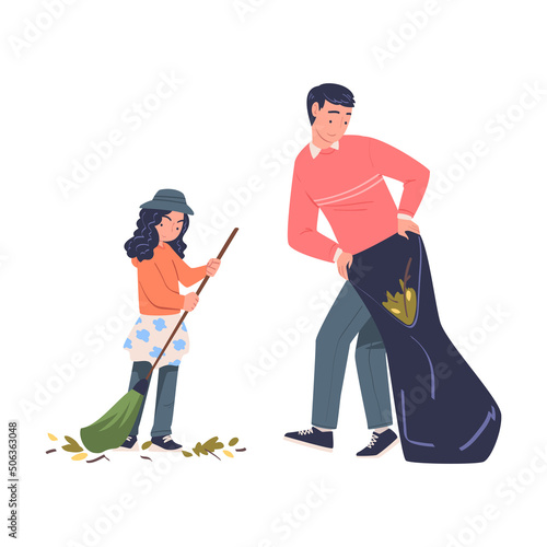 Man with Teen Girl Volunteers Cleaning Picking up Garbage and Foliage in Bag with Broom Vector Illustration