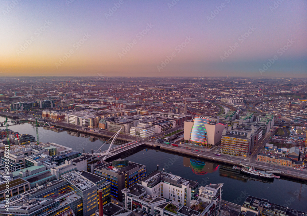 Fototapeta premium Aerial photography of Grand Canal Dock, Dublin during sunset