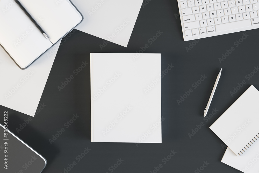 Top view of empty white notebook on black desktop with supplies. Work, diary, homework and workplace concept. Mock up, 3D Rendering. Top view of empty white notebook on black desktop with supplies. Work, diary, homework and workplace concept. Mock up, 3D Rendering.
