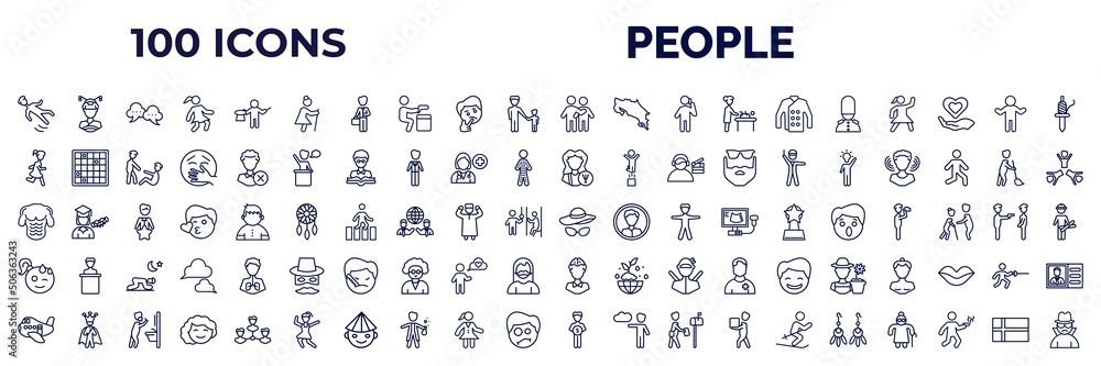 set of 100 people web icons in outline style. thin line icons such as slide down, old lady walking, man hugging, queens guard, girl running, psychologist, torso, relieved smile, aviation, man saving - obrazy, fototapety, plakaty 