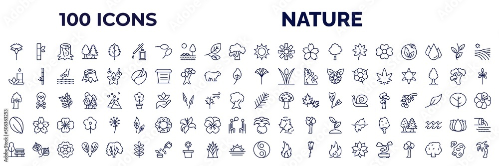 set of 100 nature web icons in outline style. thin line icons such as carnation, essence, sol, jasmine, flower therapy, ginkgo, american chestnut tree, almond, park bench, fengshui, bonsai tree, - obrazy, fototapety, plakaty 