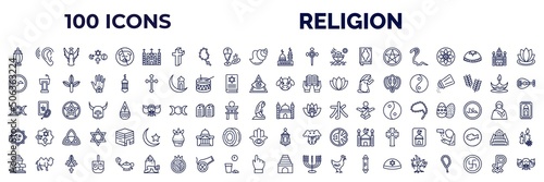set of 100 religion web icons in outline style. thin line icons such as arabian lantern, monastery, medina, cobra, haram, sacred cow, wicca, rub el hizb, wat phrakaew, temple, burning bush, chi rho