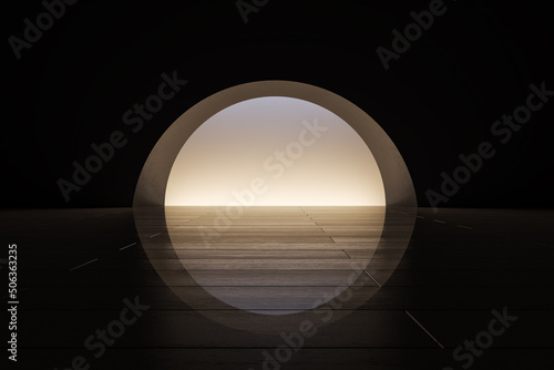 Modern abstract dark round exit or entrance sphere with light, reflections and mock up place. Tile floor. 3D Rendering.