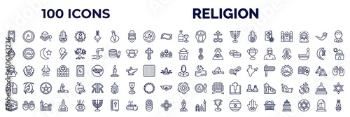 set of 100 religion web icons in outline style. thin line icons such as humanism, bindi, hebrew wine, christian, jewish incense, shrine, adhan call, tallit, islam, pope, ark of the convenant,