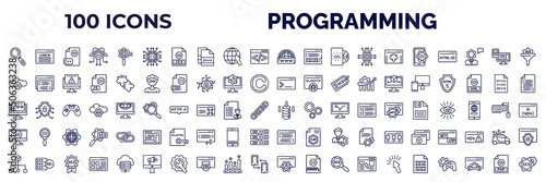 set of 100 programming web icons in outline style. thin line icons such as search, hardware, www, mobile development, cloud storage, code terminal, seo reputation, computing, aorithm, error, binary