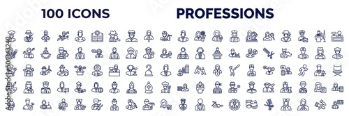 Photo set of 100 professions web icons in outline style