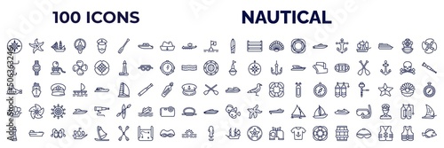 set of 100 nautical web icons in outline style. thin line icons such as wind rose, oars, suroard, marine, double bait, buoy, submarine facing right, caravel, smeaton's tower, old galleon, big