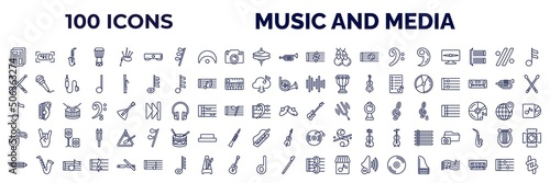 set of 100 music and media web icons in outline style. thin line icons such as newspaper report, amplifier, trombone, breath mark, drumstick, french horn, eighth note, flat, harmonica, pennywhistle,