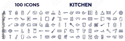 set of 100 kitchen web icons in outline style. thin line icons such as waffle iron, conserve, teaspoon, juicer, tea infuser, tray, sauce, kitchen, sauces, mitten, trivet, measuring cup vector.