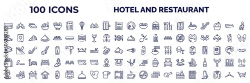 set of 100 hotel and restaurant web icons in outline style. thin line icons such as key card, agenda, food, spaghetti, rent a car, restaurant tray, hot stones, take away, bellboy, coffee, minibar,