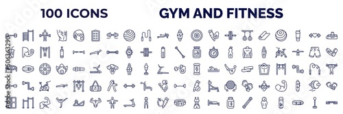 set of 100 gym and fitness web icons in outline style. thin line icons such as dumbbells exercise, to do list, sport watch, mat for fitness, vegetables juice, exercise bands, trampoline, little