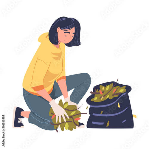 Woman Volunteer Cleaning Picking up Garbage and Foliage in Bag Vector Illustration