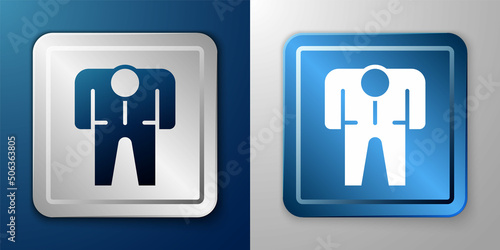 White Beekeeper costume icon isolated on blue and grey background. Special protective uniform. Silver and blue square button. Vector