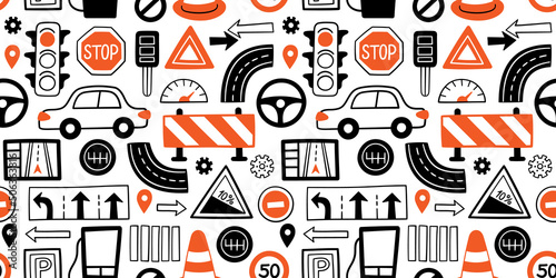 Hand drawn drive symbols seamless pattern. Doodle cars, road objects, traffic sign and automobile symbols. Vector illustration for driving school auto parts store, service centers on white background.