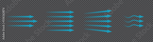 Air flow. Set of blue arrows showing direction of air movement. Wind direction arrows. Blue cold fresh stream from the conditioner. Vector illustration isolated on transparent background.