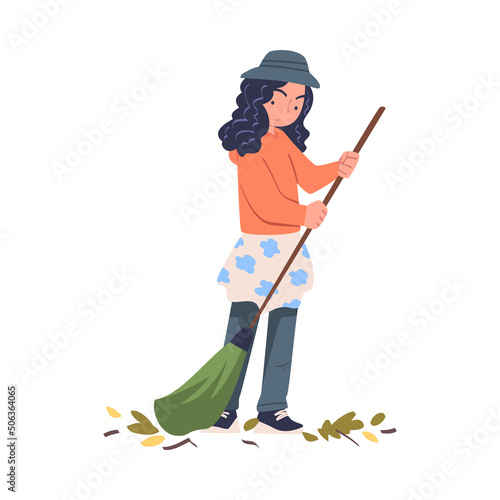 Little Girl Volunteer Character with Broom Sweeping and Cleaning Street Vector Illustration