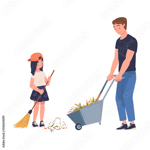 Man with Teen Girl Volunteers Cleaning Picking up Garbage and Foliage in Wheelbarrow with Broom Vector Illustration