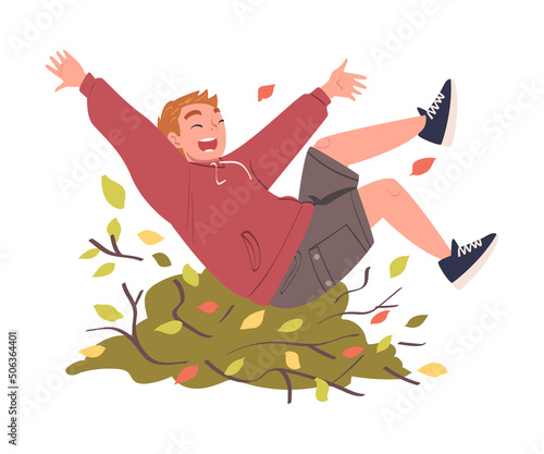 Man Volunteer Character Having Fun Rolling in Foliage Vector Illustration