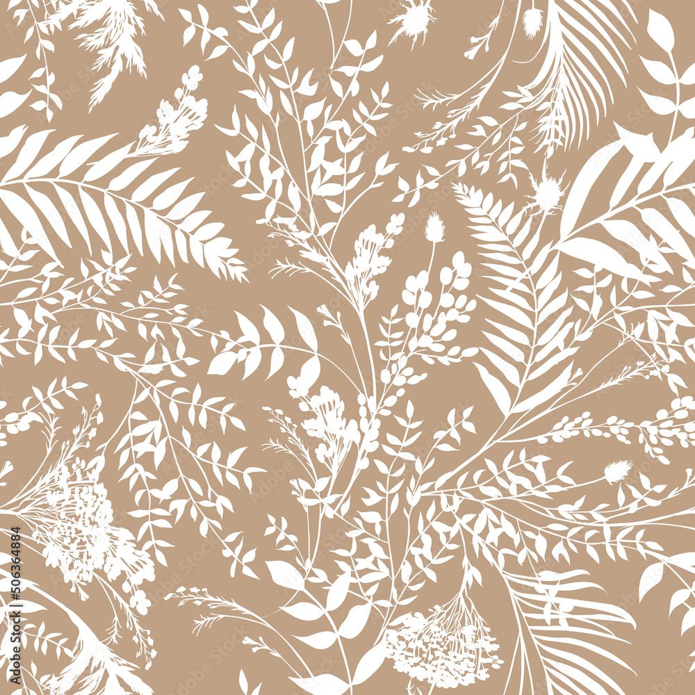 Fototapeta premium Seamless watercolor pattern with boho style fern branches and leaves drawn