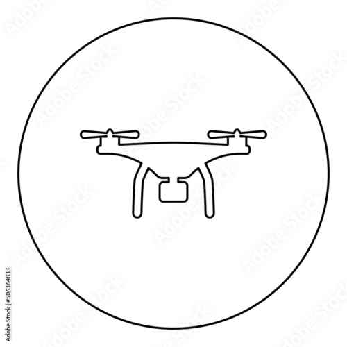 Drone with camera icon in circle round black color vector illustration image outline contour line thin style