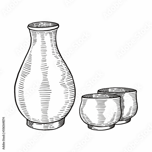 sake alcohol bottle japan or japanese traditional food doodle hand drawn sketch with outline style