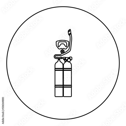 Set of skin-diver scuba diver mask snorkel aqualung dive tank cylinders balloon diving gear icon in circle round black color vector illustration image outline contour line thin style