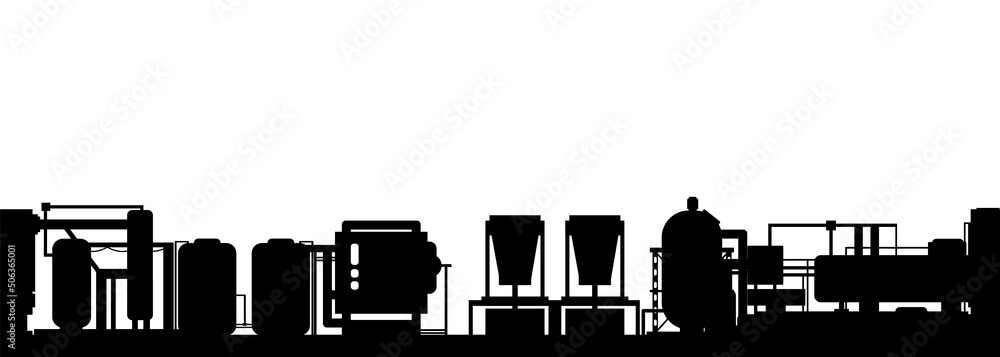 Modern technology enterprise. Seamless horizontal composition. Production plant. Silhouette of objects. Isolated on white background. Industrial technical equipment. Factory chemical. Vector