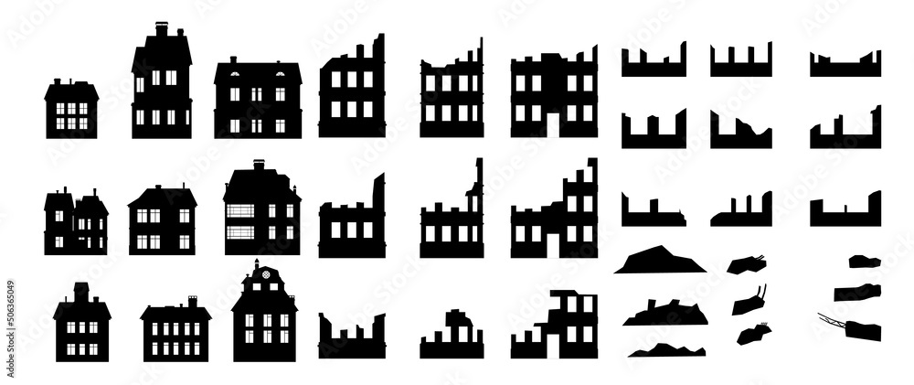 Set of houses with windows, broken walls and rubble. Ruined city. Apocalypse natural or war. Sad landscape of destruction. Isolated on white background. Vector Set of houses with windows, broken walls and rubble. Ruined city. Apocalypse natural or war. Sad landscape of destruction. Isolated on white background. Vector
