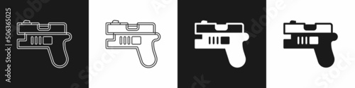 Set Futuristic space gun blaster icon isolated on black and white background. Laser Handgun. Alien Weapon. Vector