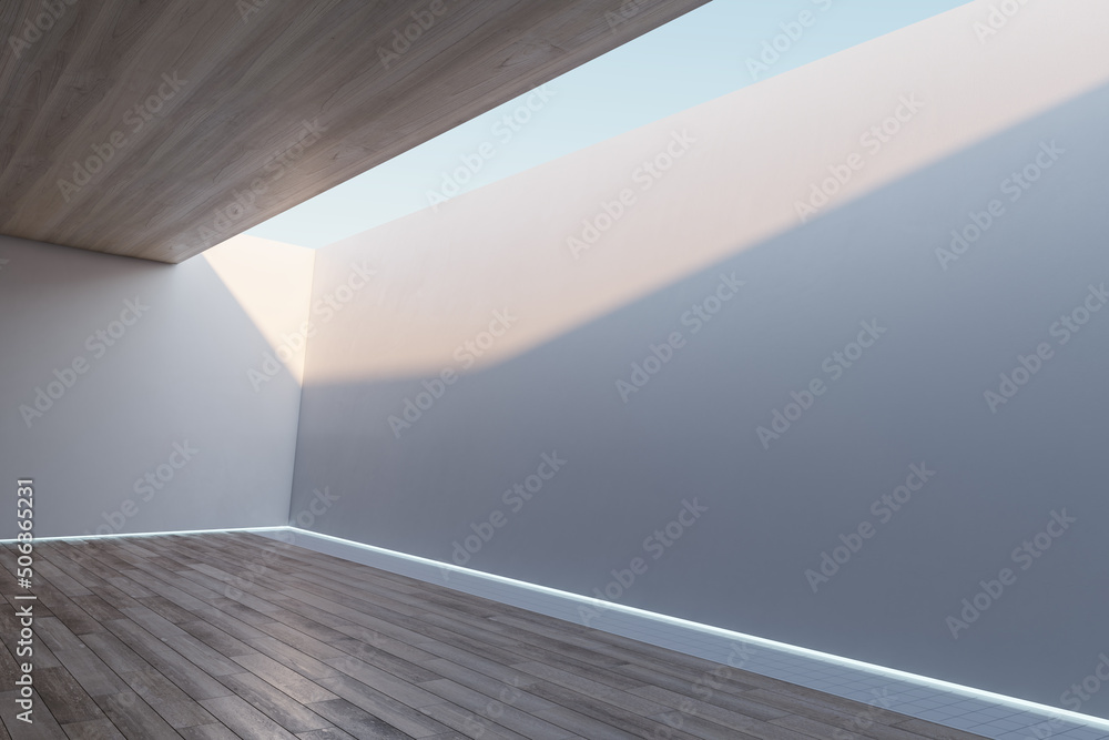 Fototapeta premium Abstract modern wooden and white concrete interior with ceiling opening with sky view. Mock up place on walls. 3D Rendering.