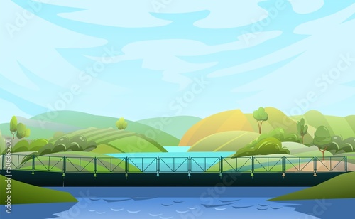 Pantone Bridge silhouette. River among hills. Rural landscape. Transport road construction. Vector