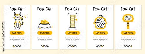 Screens of the pet store and mobile application. Menu banner vector template for website and app development. Pet shop templates for the store. Templates for cats.