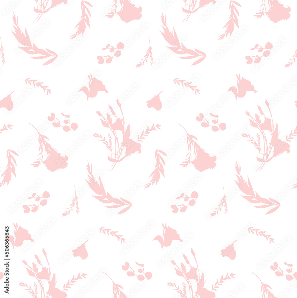 Botanical summer pattern with pink silhouettes of eustoma flowers on a white background Botanical summer pattern with pink silhouettes of eustoma flowers on a white background