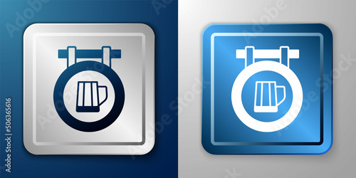 White Street signboard with glass of beer icon isolated on blue and grey background. Suitable for advertisements bar, cafe, pub, restaurant. Silver and blue square button. Vector