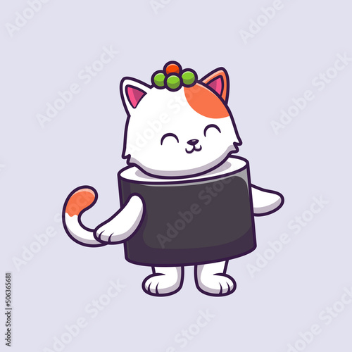 Cute Cat Sushi Salmon Cartoon Vector Icon Illustration. Animal Food Icon Concept Isolated Premium Vector. Flat Cartoon Style