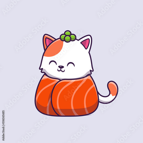 Cute Cat Sushi Salmon Cartoon Vector Icon Illustration. Animal Food Icon Concept Isolated Premium Vector. Flat Cartoon Style