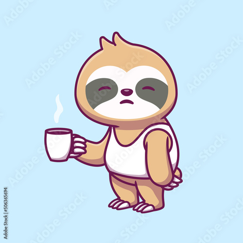 Cute Sleepy Sloth Holidng Cup Coffee Cartoon Vector Icon Illustration. Animal Nature Icon Concept Isolated Premium Vector. Flat Cartoon Style