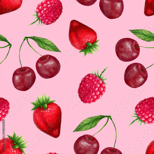 Juicy berries seamless pattern. Bright summer design in a watercolor style.