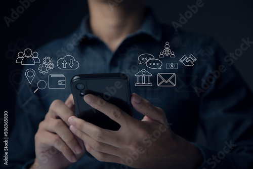 Businessman using smart phone to do online transactions with internet technology, concept of global data connection by internet technology, big data, searching for information, online marketing