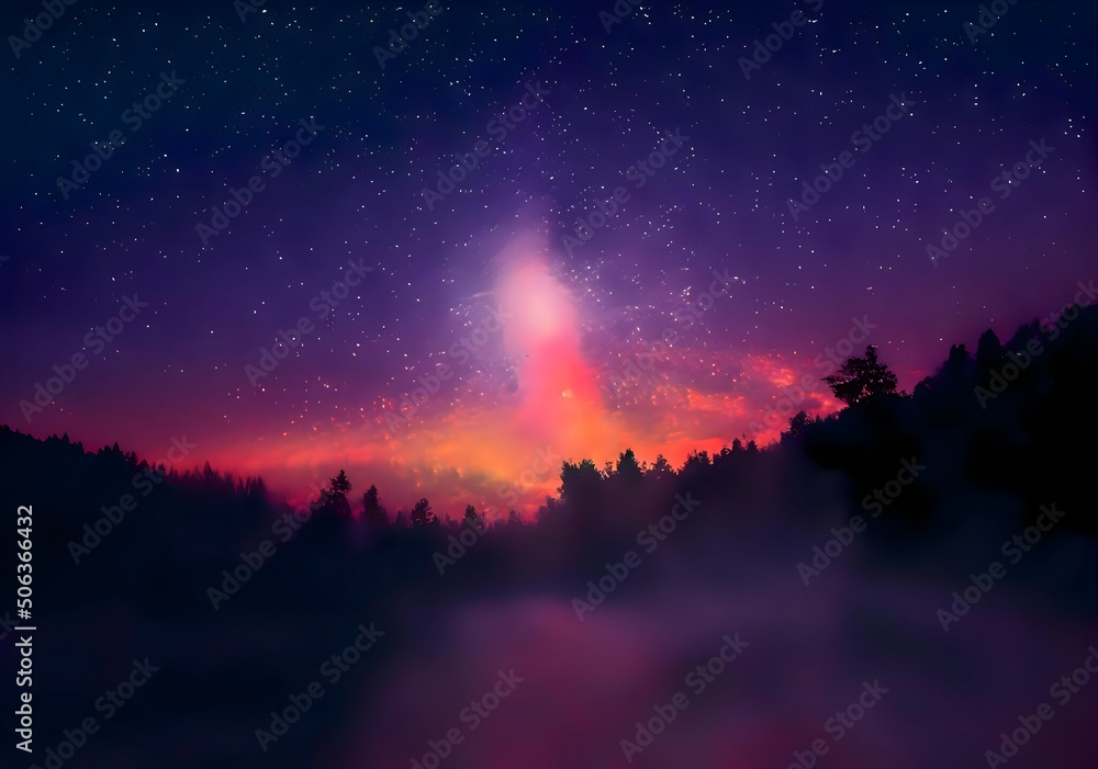 Milky Way and colorful light at mountains. Night colorful landscape. Starry sky with hills. Beautiful Universe. Space background with galaxy. Travel background Milky Way and colorful light at mountains. Night colorful landscape. Starry sky with hills. Beautiful Universe. Space background with galaxy. Travel background